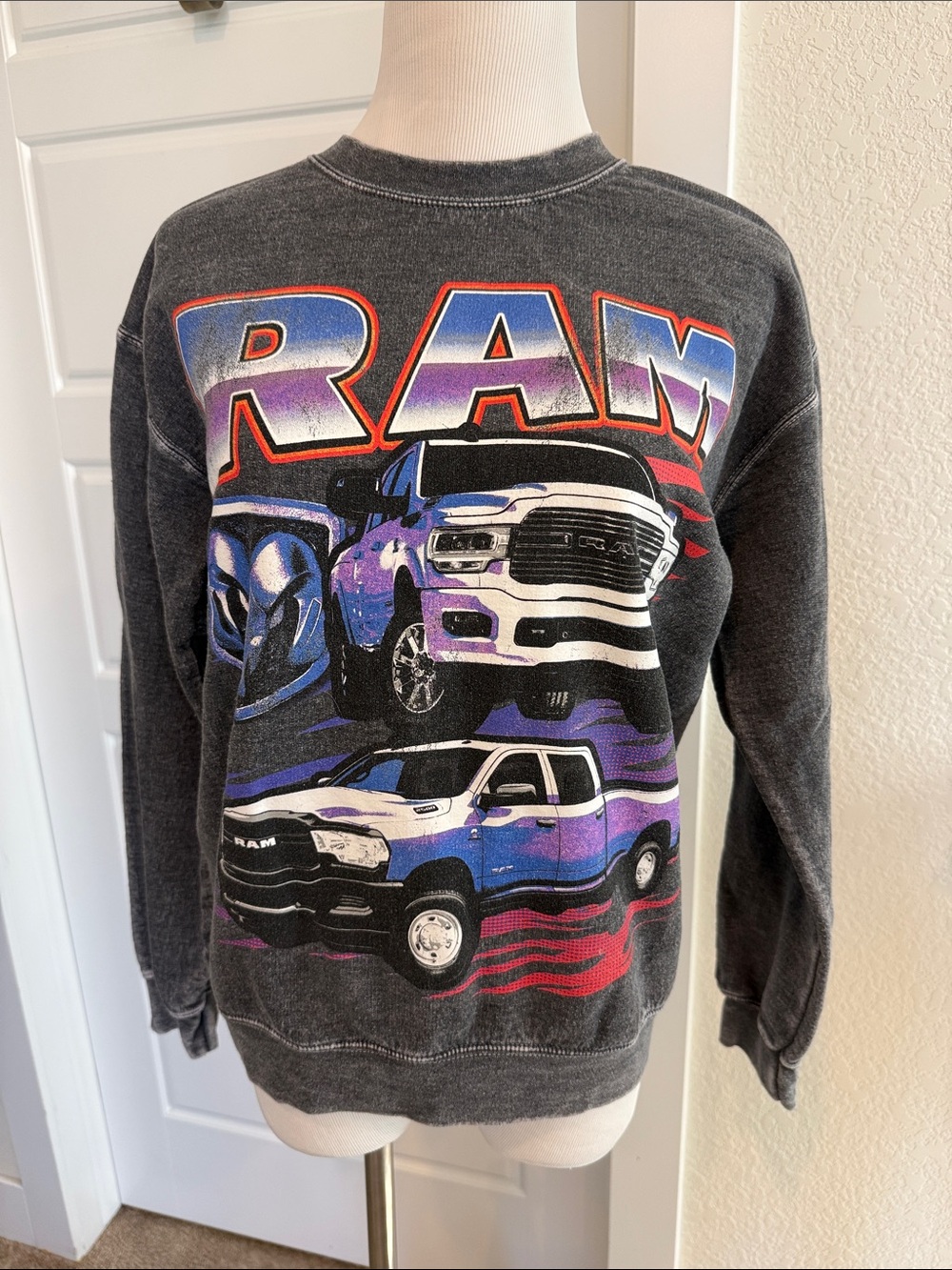 Dodge Ram Truck Graphic Crewneck Sweatshirt - Grey with Multicolor Truck Print